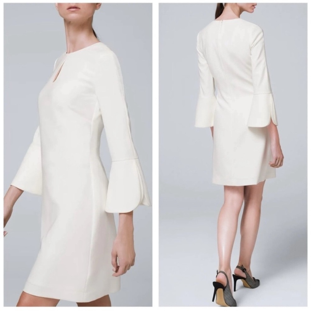 White House Black Market Cream White Long Sleeve Shift Dress Keyhole Business 00
